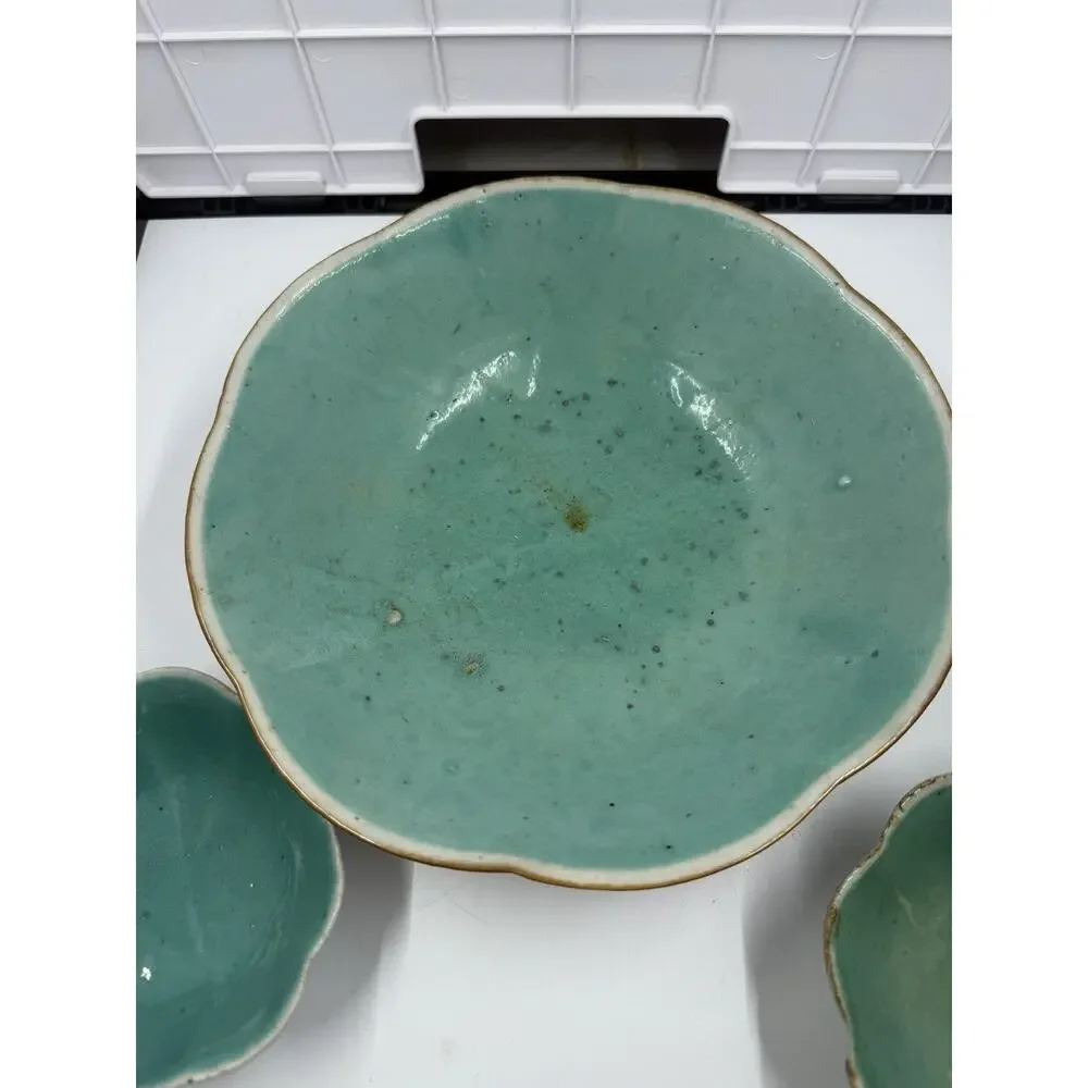 3 Antique Chinese Famille Rose Porcelain Bowl & Scalloped Dishes Set Turquoise